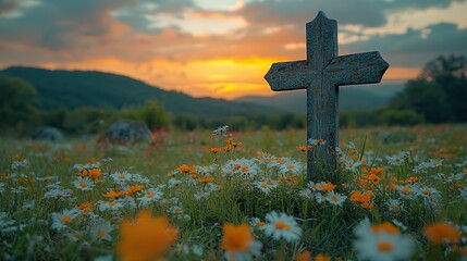 Aufkleber - old wooden cross on the meadow with green grass and flowers