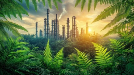 Sunset over refinery hidden in lush jungle.