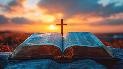 Aufkleber - open holy bible with a wooden cross on the sky and clouds background