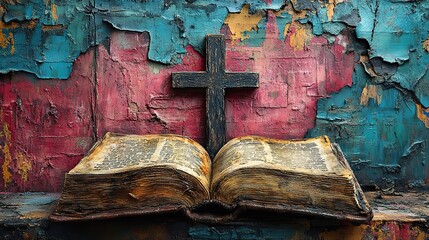 Aufkleber - opened book with a christian cross on the background of colorful graffiti