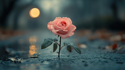 Aufkleber - pale rose blooming in the asphalt in the destroyed street