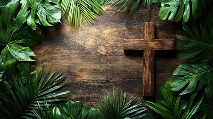 Poster - palm sunday cross and palm leaf with copy space christian feast
