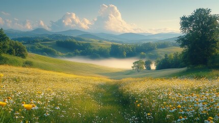 Poster - panorama of golden hills in the morning mist peaceful landscape