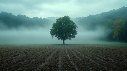 Poster - panoramic view of a field with a lonely tree in the middle misty horizon tranquil countryside