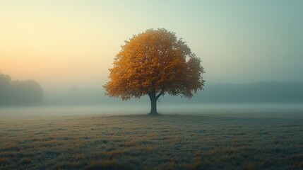 Poster - panoramic view of a field with a lonely tree in the middle misty horizon tranquil countryside