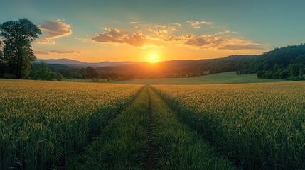 Poster - panoramic view of a wheat field in the early morning