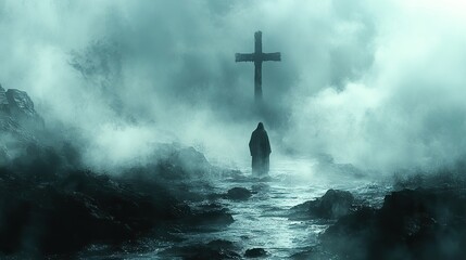 Aufkleber - path to enlightenment cross standing tall amidst a misty shore the silhouette of a man is staring at it digital illustration