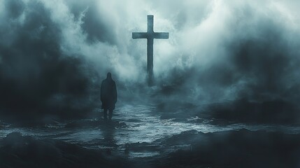 Aufkleber - path to enlightenment cross standing tall amidst a misty shore the silhouette of a man is staring at it digital illustration
