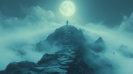 Aufkleber - path to the moonlit peak surreal misty landscape with person on top of a rocky mountain peak staring at the moon digital illustration