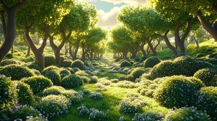 Poster - Sunlit path through lush green forest with flowering shrubs.