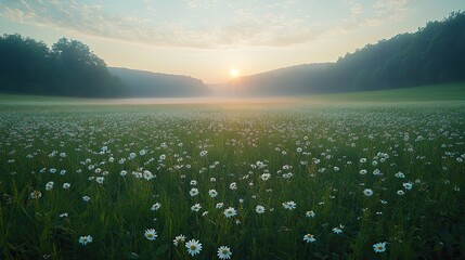 Poster - peaceful countryside with sunlit grass soft morning light misty horizon
