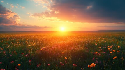 Poster - peaceful countryside with sunlit grass soft morning light misty horizon