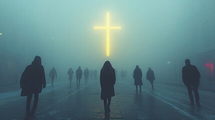 Aufkleber - people walking on the street in a foggy day bright cross in the background