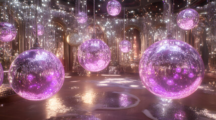 Poster - Interior room filled with numerous shiny purple balls scattered across the floor and furniture