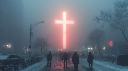 Aufkleber - people walking on the street in a foggy day bright cross in the background