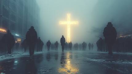 Aufkleber - people walking on the street in a foggy day bright cross in the background