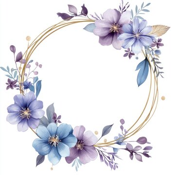 Blue and purple color flowers on gold circle frames illustration watercolor elegant.