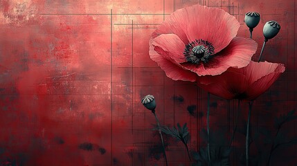 Aufkleber - poppy flower design on a redbackground with architectural blueprint elements symbolizing growth and innovation in technology engineering or architecture