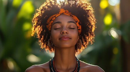 Aufkleber - portrait of a beautiful african woman with closed eyes in the sunlight praying