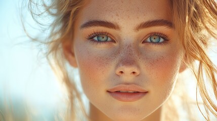 Aufkleber - portrait of a beautiful girl on a background of blue sunny sky