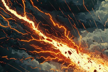 Wall Mural - electric sparks erupt in a vivid anime burst, crimson and gold tendrils flashing against a stormy gr