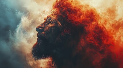 Poster - portrait of a lion and jesus in double exposure in the clouds digital painting