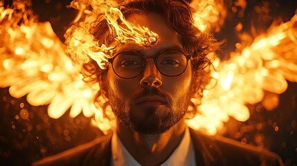 Poster - portrait of a man with wings on fire on his head