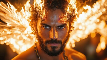 Poster - portrait of a man with wings on fire on his head