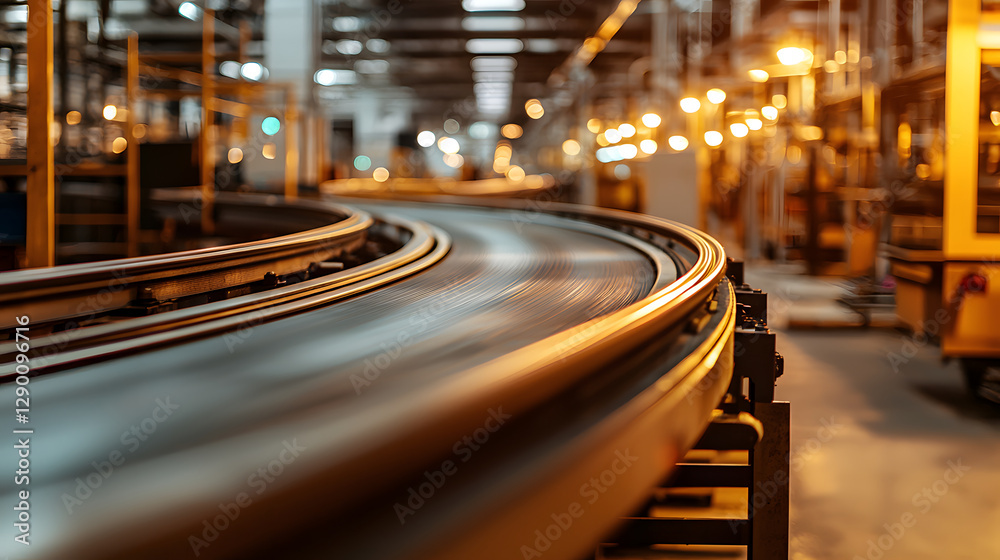 curved empty conveyor belt in factory setting, illuminated by warm ...