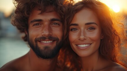 Poster - portrait of a young couple in the city at sunset