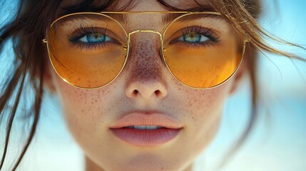 Aufkleber - portrait of a young woman with freckles in sunglasses on the beach summer vibes