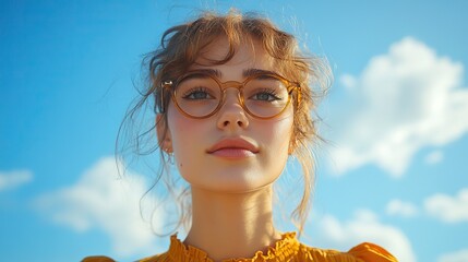 Poster - portrait of a young woman with glasses against the blue sky