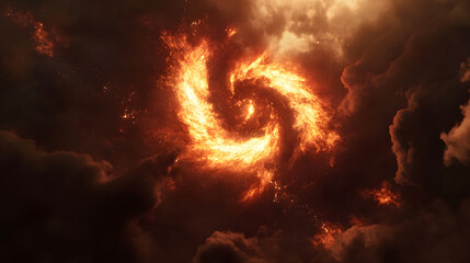 Poster - Fire swirls through dark clouds in dramatic sky scene with fiery colors and atmospheric texture