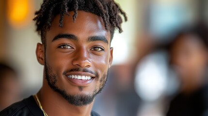 Poster - portrait of young african american man looking at camera with his friends in background