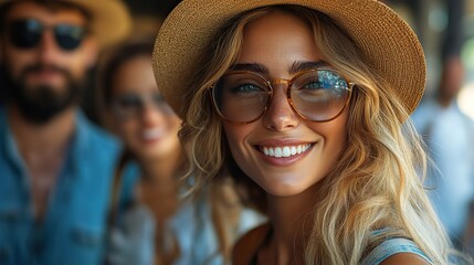 Poster - portrait of young couple in hats and sunglasses walking in the city