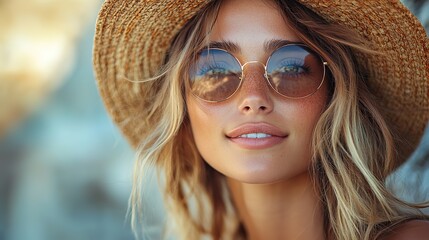 Poster - portrait of young couple in hats and sunglasses walking in the city