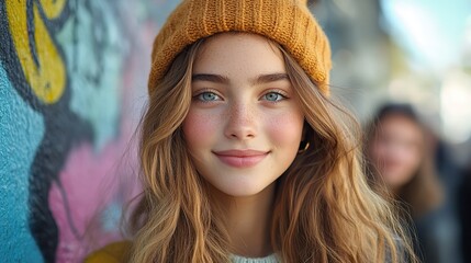 Poster - portrait of young girl in the street graffiti wall and friends in background