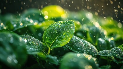 Poster - rain falling on green lush plants