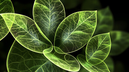 Poster - Close up of a green leaf isolated on a black background showcasing its texture and natural patterns