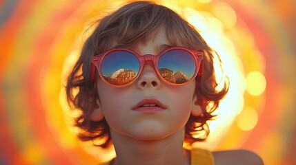 Poster - retro psychedelic collage kid wearing sunglasses against concentric rainbow circles in background 70s hues mixed media