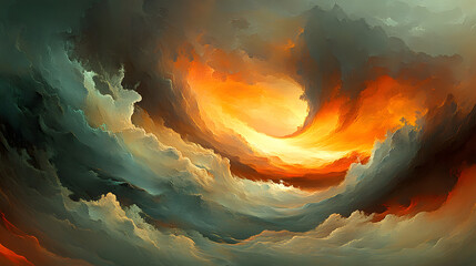 Poster - A painting depicting a vibrant sunset over a calm lake with silhouettes of trees in the foreground