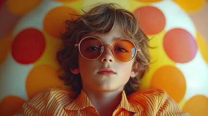 Poster - retro psychedelic collage kid wearing sunglasses against concentric rainbow circles in background 70s hues mixed media