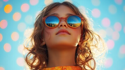 Poster - retro psychedelic collage little girl wearing sunglasses concentric rainbow circles and sky in background 70s hues mixed media
