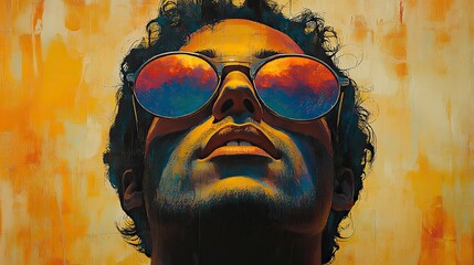 Poster - retro psychedelic collage man wearing sunglasses rainbow and sky in background on paper 70s vibe mixed media