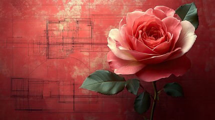 Aufkleber - rose flower design on a red background with architectural blueprint elements symbolizing growth and innovation in technology engineering or architecture