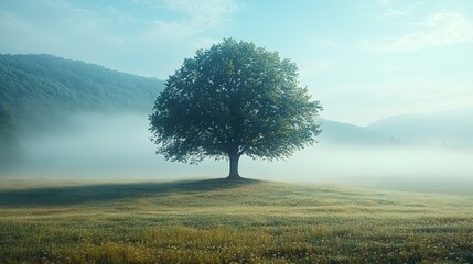 Poster - rural landscape with lonely tree in the middle of the field misty horizon toned