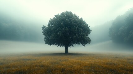 Poster - rural landscape with lonely tree in the middle of the field misty horizon toned