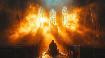 Leinwandbilder - sacred moments solitary man praying in a sunlit church light streaming through the windows