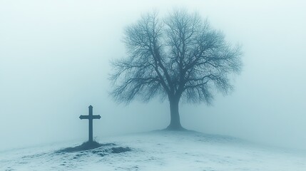 Aufkleber - sacred silence leafless tree beside a christian cross stark serene misty background abstract minimalist digital art illustration