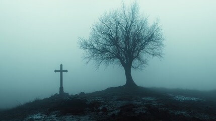 Aufkleber - sacred silence leafless tree beside a prominent christian cross serene stark foggy background abstract minimalist digital art illustration